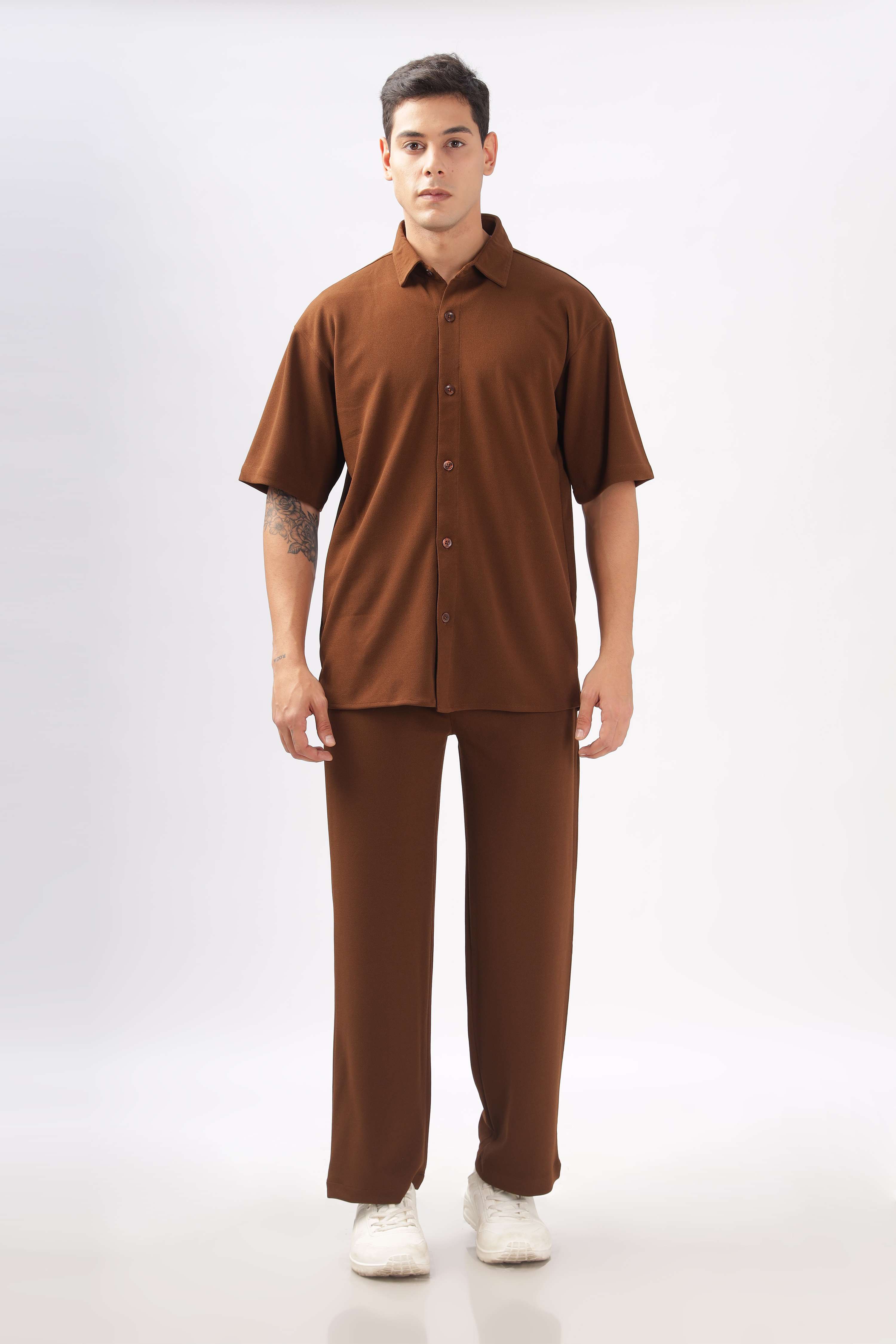 Solid Cotton Blend Oversized Shirt                     ( Brown )