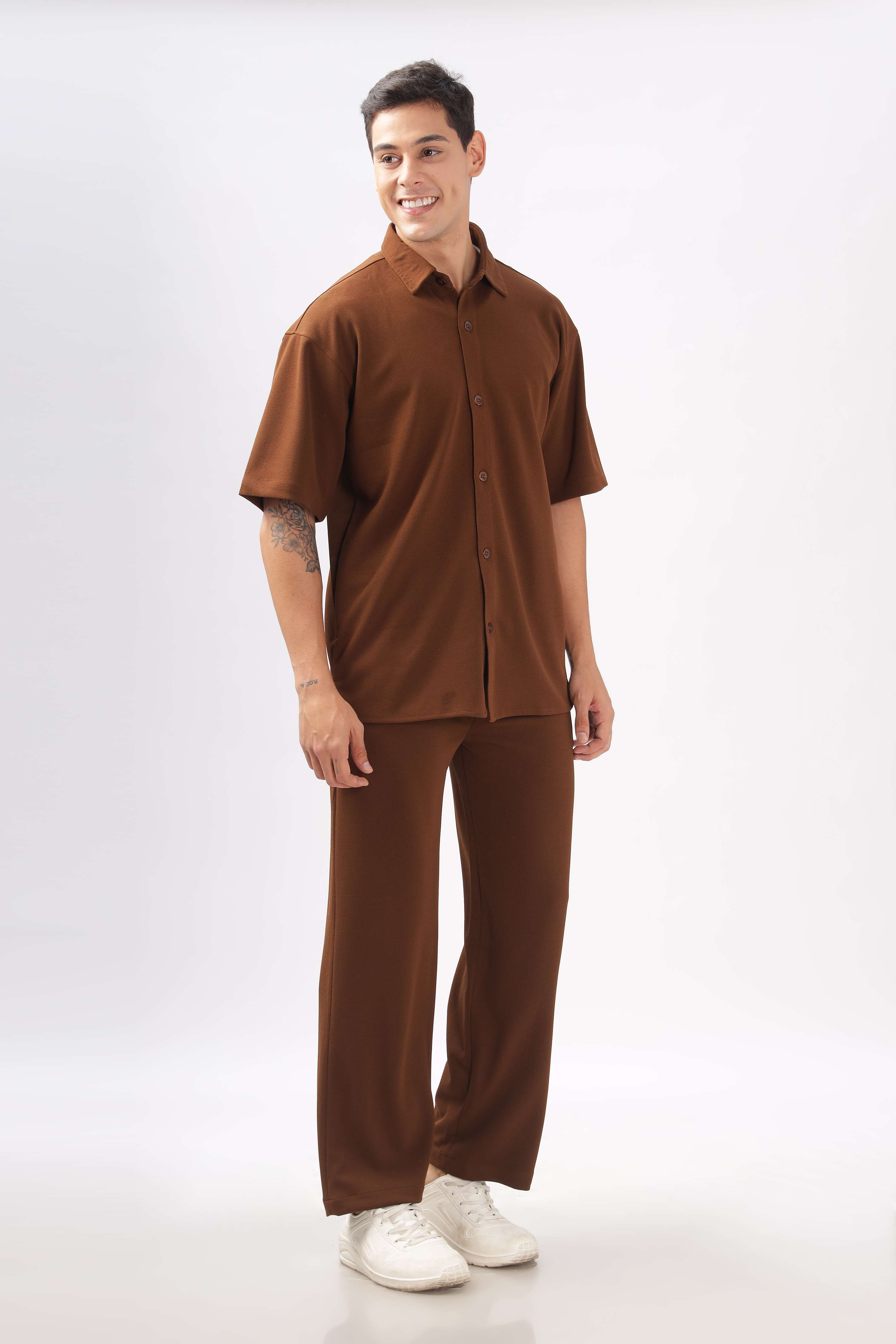 Solid Cotton Blend Oversized Shirt                     ( Brown )