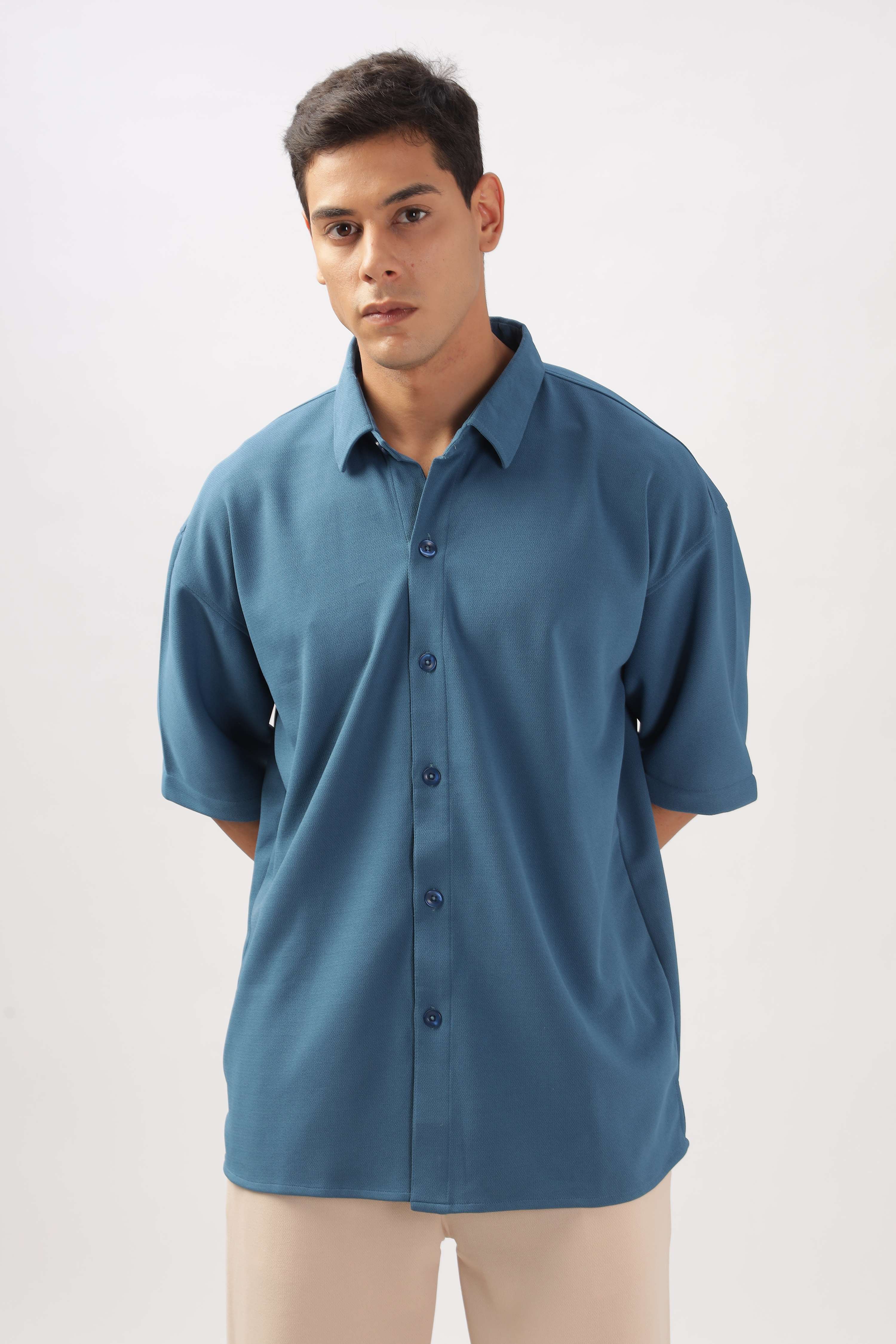 Solid Cotton Blend Oversized Shirt                                        ( Blue )